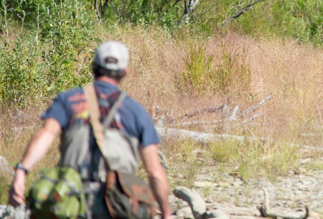 Fisherman walking along a river shoreline.