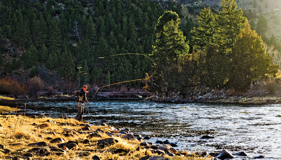 A person casting a fly rod on a river bank.