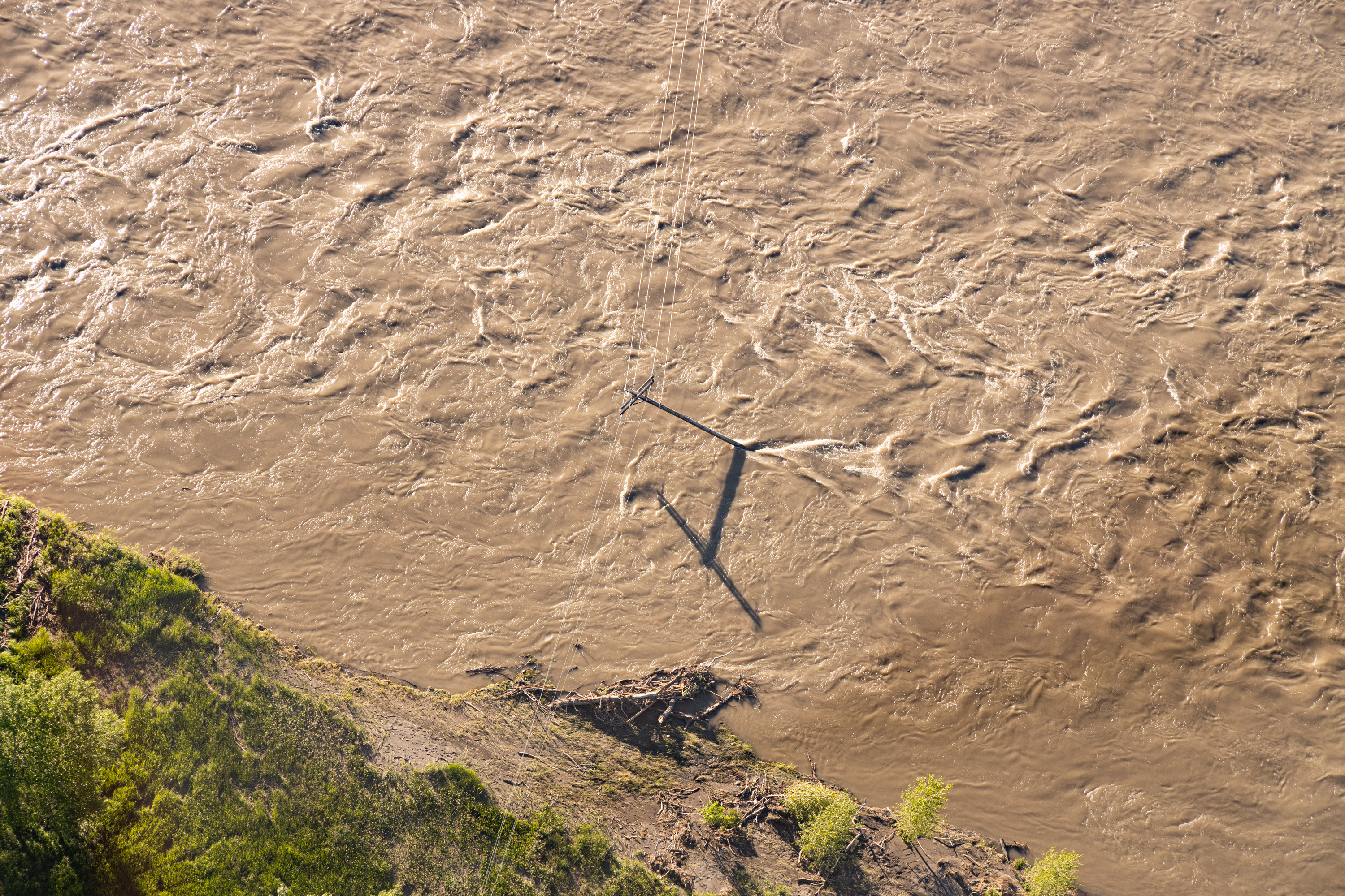 Damaged power lines on the Yellowstone River near Livingston.